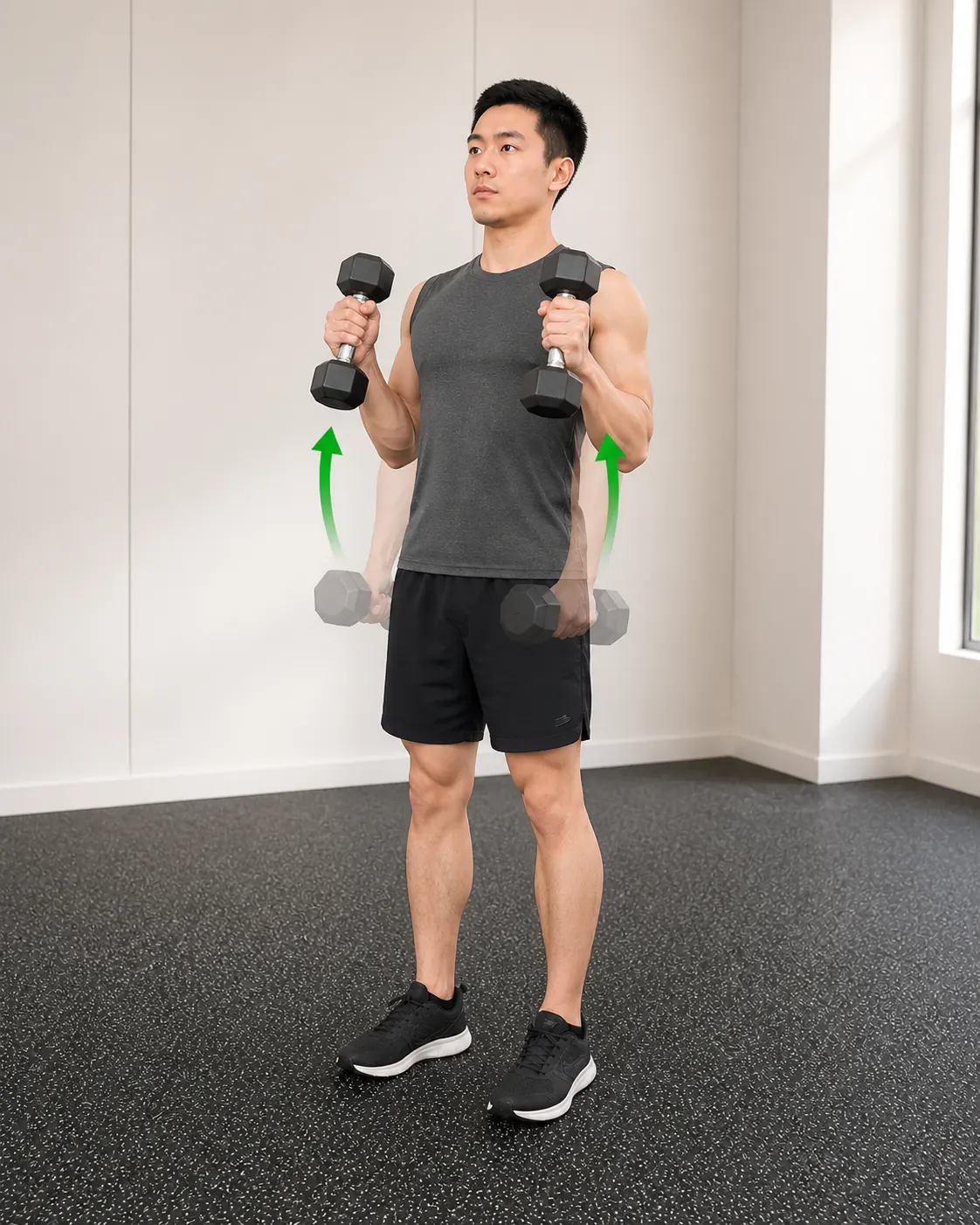 年轻男模双手同时哑铃锤式弯举