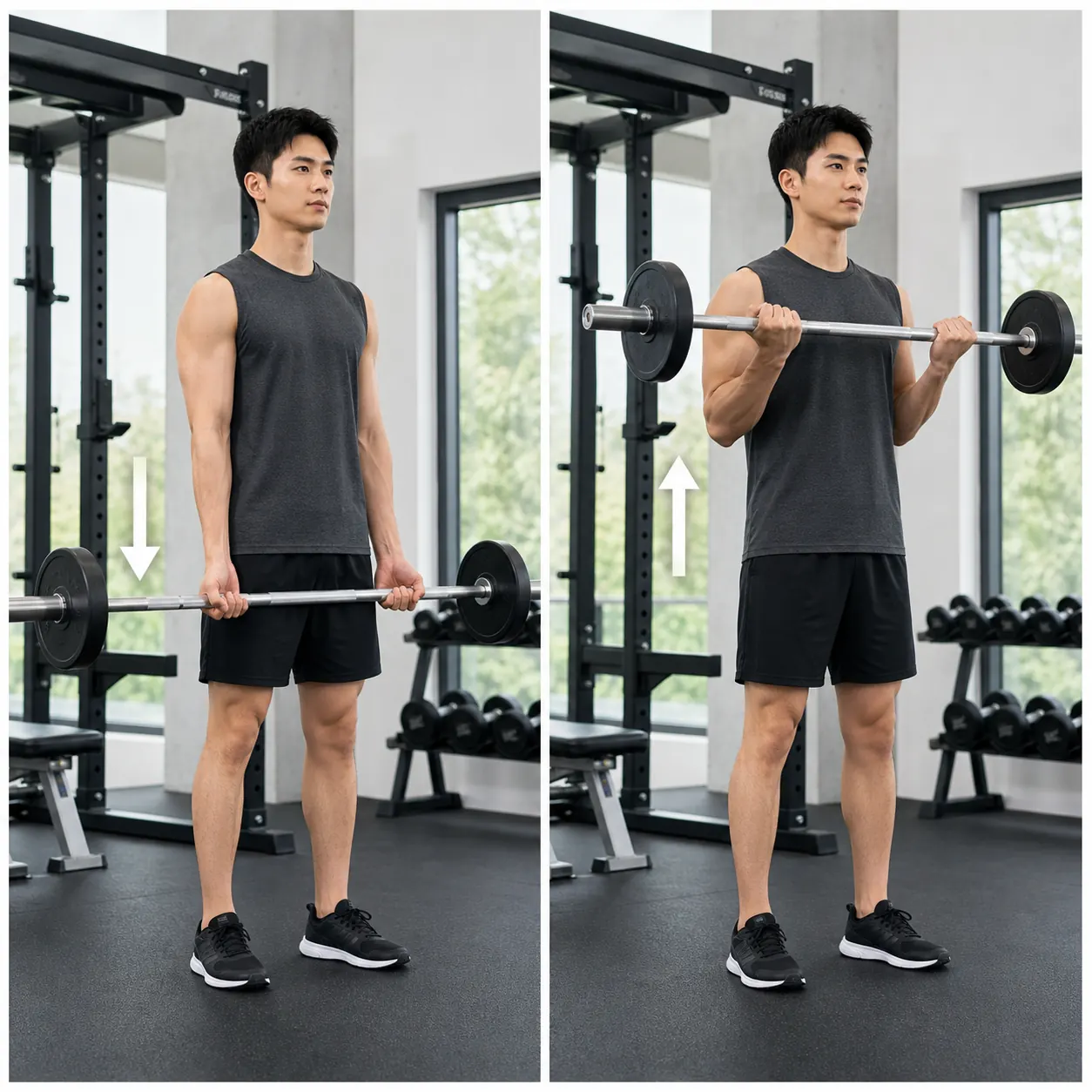 年轻男模双手同时杠铃弯举