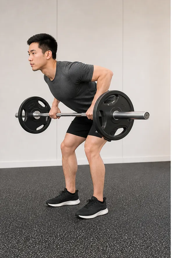 年轻男模杠铃划船